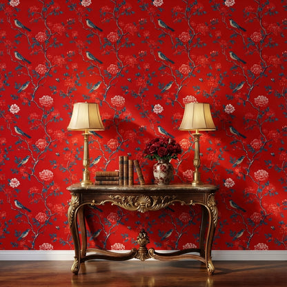 Bold Red Peony and Bird Chinoiserie Wallpaper