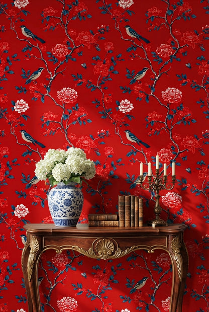 Bold Red Peony and Bird Chinoiserie Wallpaper