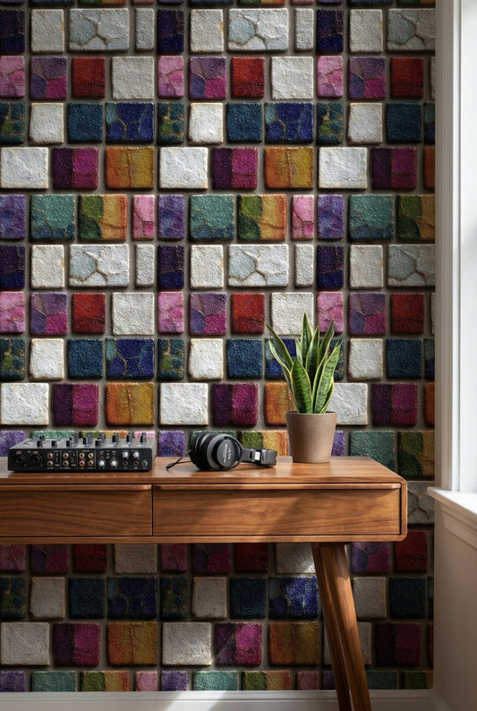 Multicolor Geometric Mosaic Tile Wallpaper