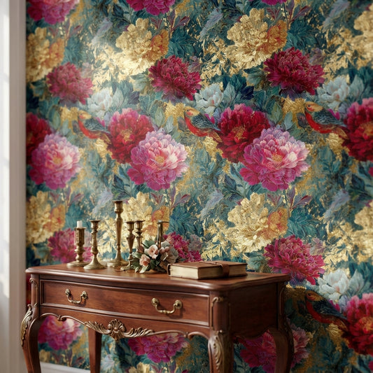 Opulent Gold Look and Burgundy Peony Floral Wallpaper