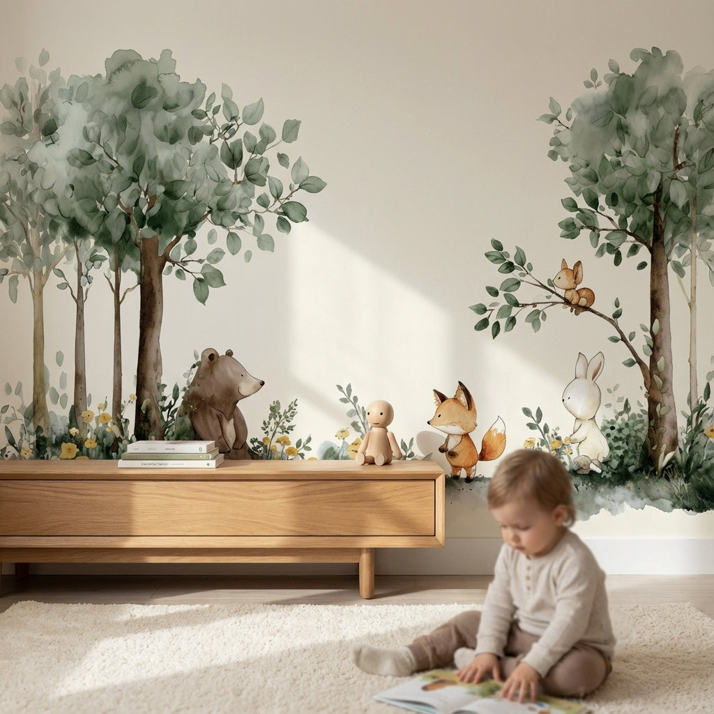 Whimsical Forest Wallpaper Animal Watercolor Wall Mural