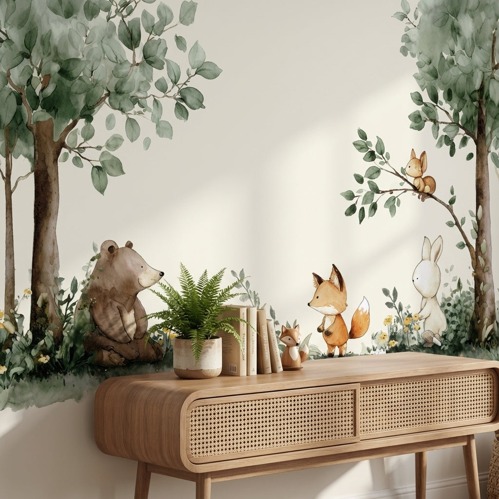 Whimsical Forest Wallpaper Animal Watercolor Wall Mural
