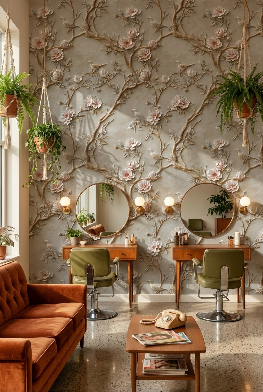 Beige Vintage Rose and Bird Embossed Wallpaper