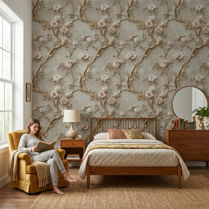 Beige Vintage Rose and Bird Embossed Wallpaper