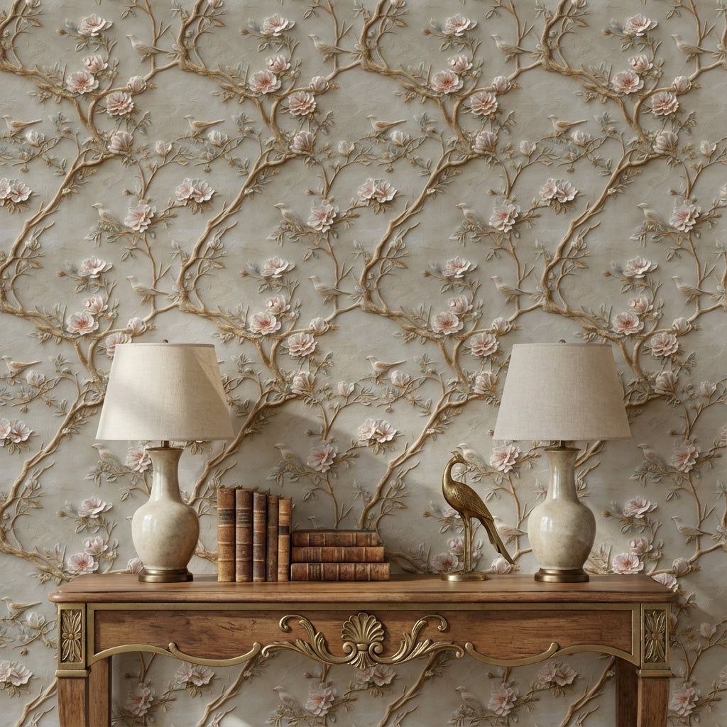 Beige Vintage Rose and Bird Embossed Wallpaper