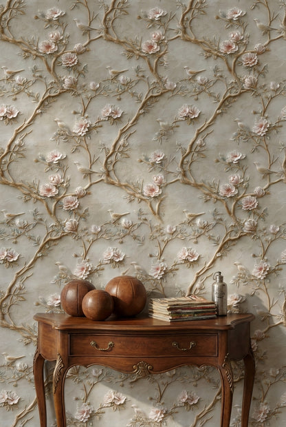 Beige Vintage Rose and Bird Embossed Wallpaper