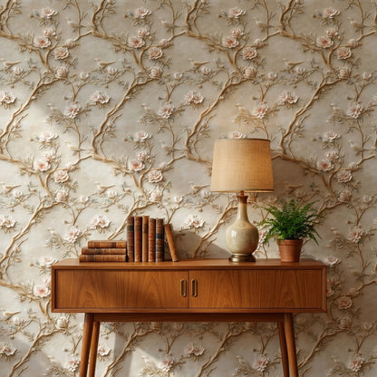 Beige Vintage Rose and Bird Embossed Wallpaper