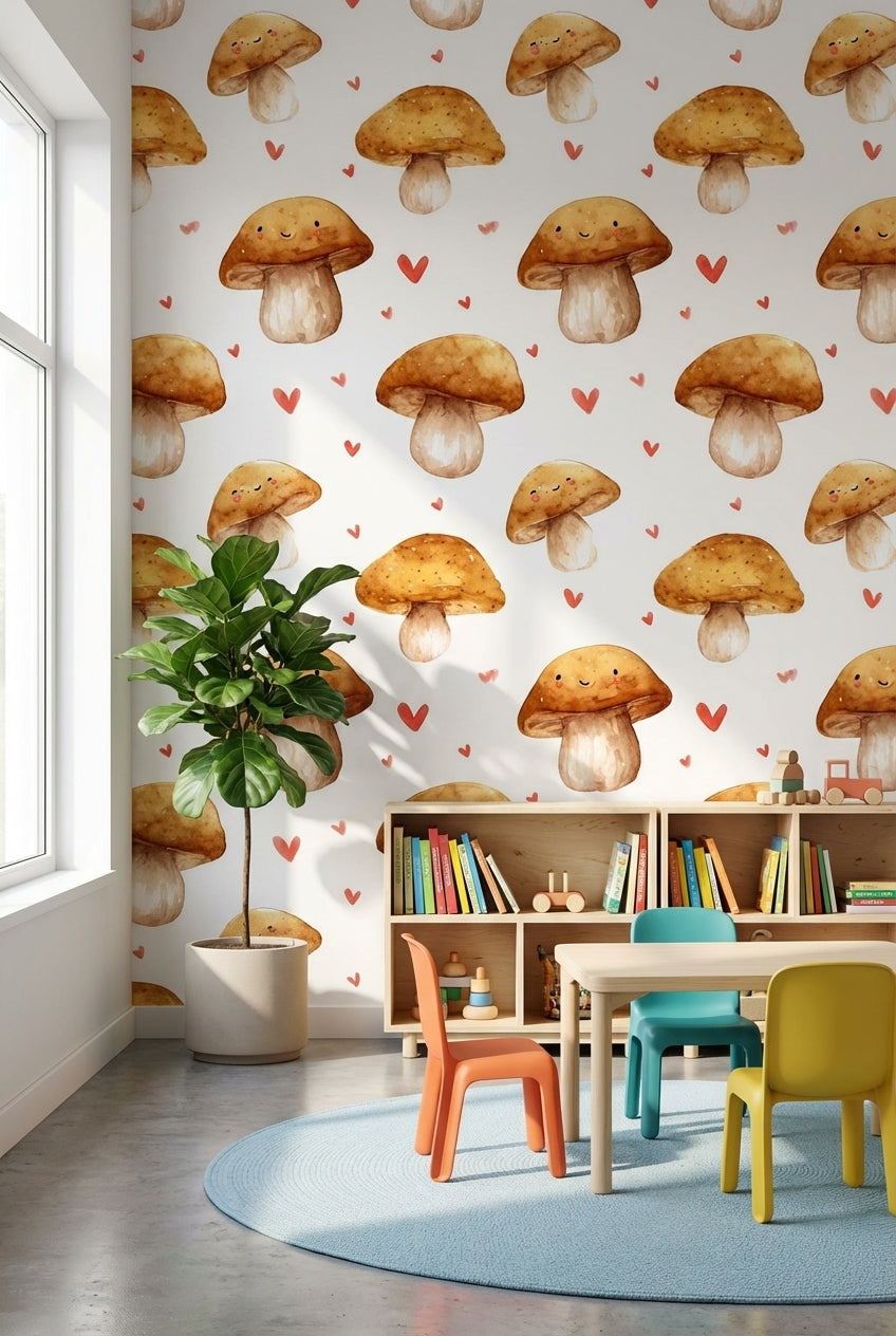 Cream and Orange Smiling Mushroom Kids Wallpaper