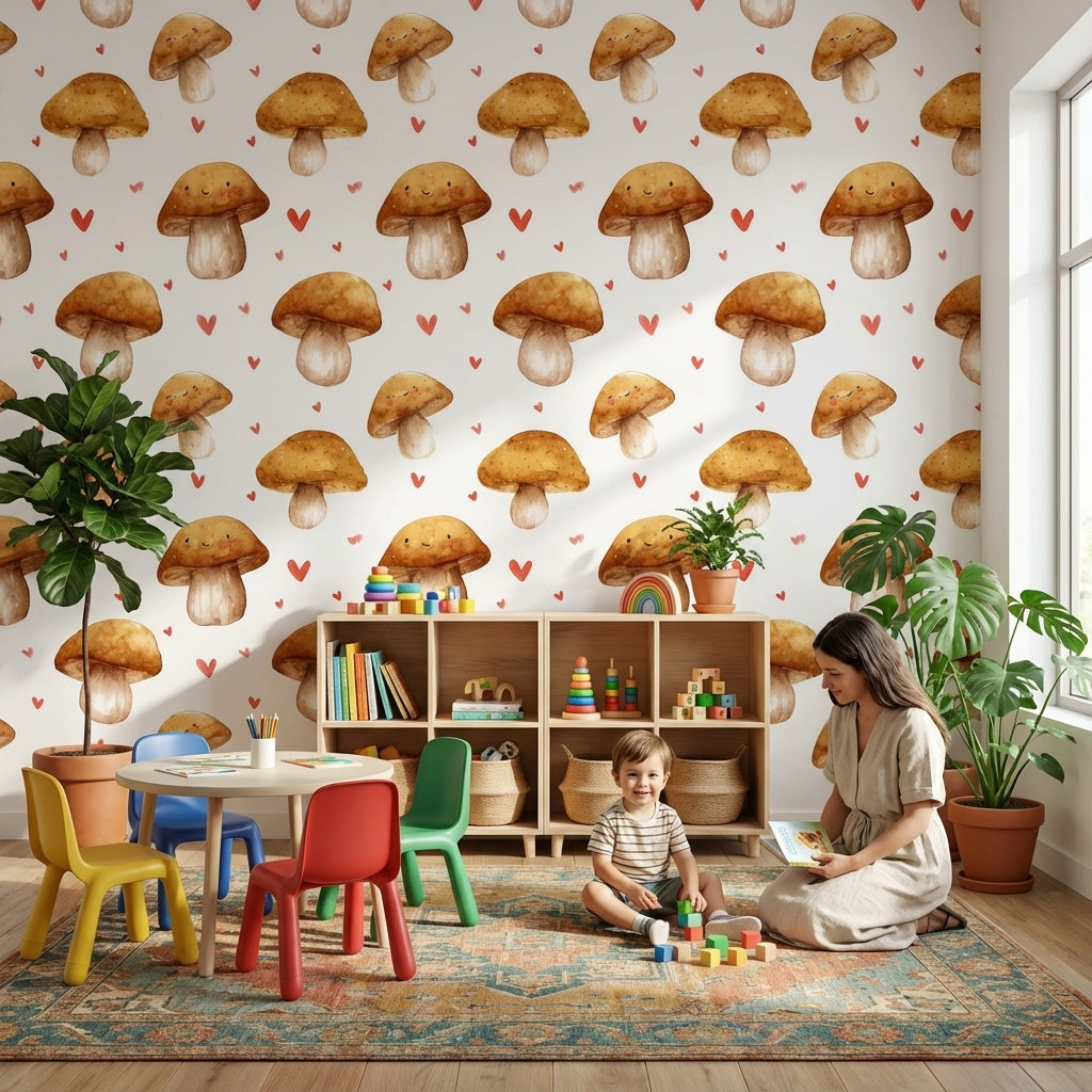 Cream and Orange Smiling Mushroom Kids Wallpaper