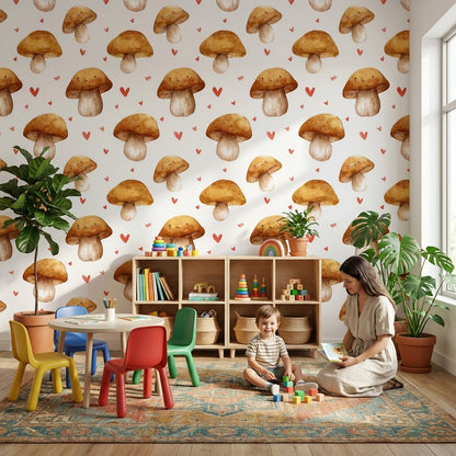Cream and Orange Smiling Mushroom Kids Wallpaper
