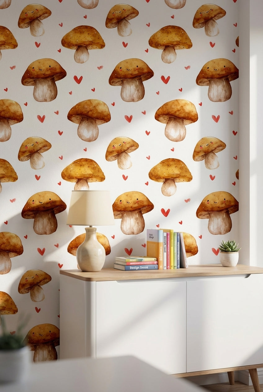 Cream and Orange Smiling Mushroom Kids Wallpaper