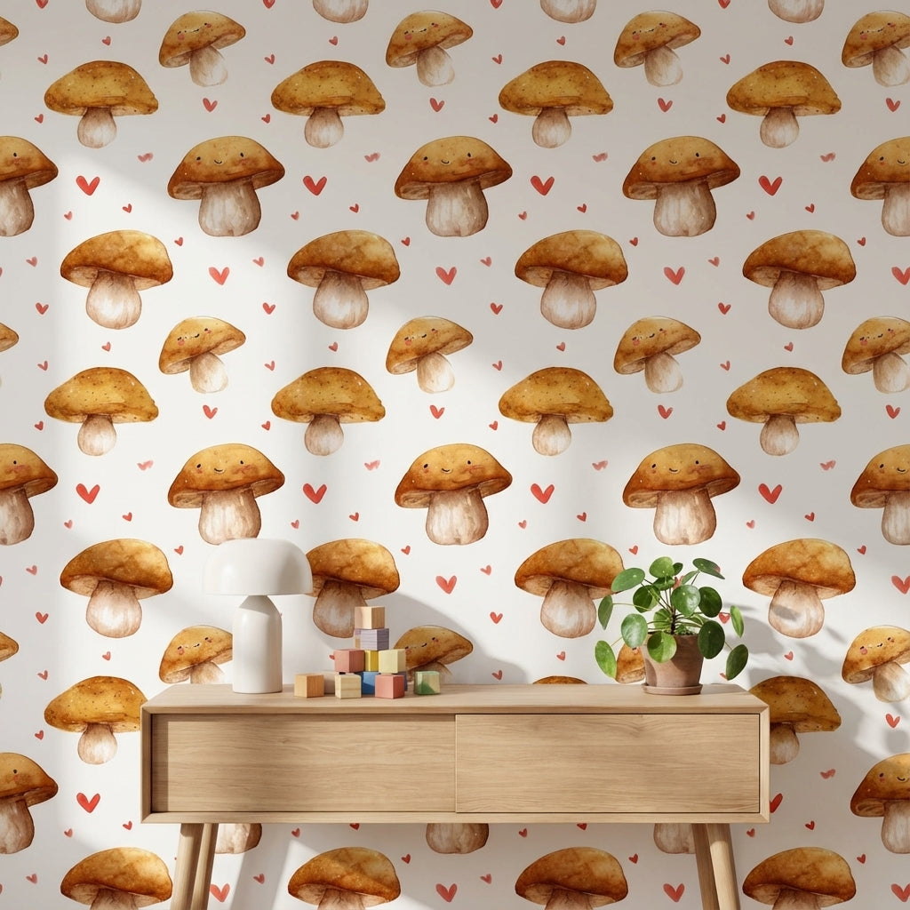 Cream and Orange Smiling Mushroom Kids Wallpaper