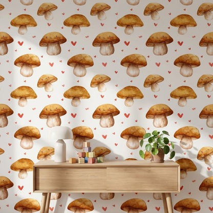 Cream and Orange Smiling Mushroom Kids Wallpaper