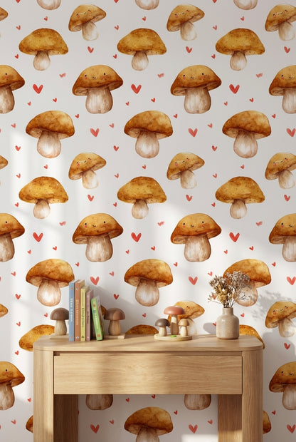 Cream and Orange Smiling Mushroom Kids Wallpaper