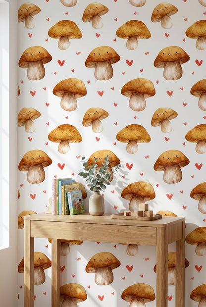 Cream and Orange Smiling Mushroom Kids Wallpaper