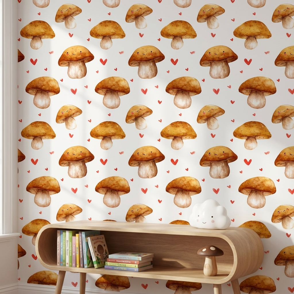 Cream and Orange Smiling Mushroom Kids Wallpaper