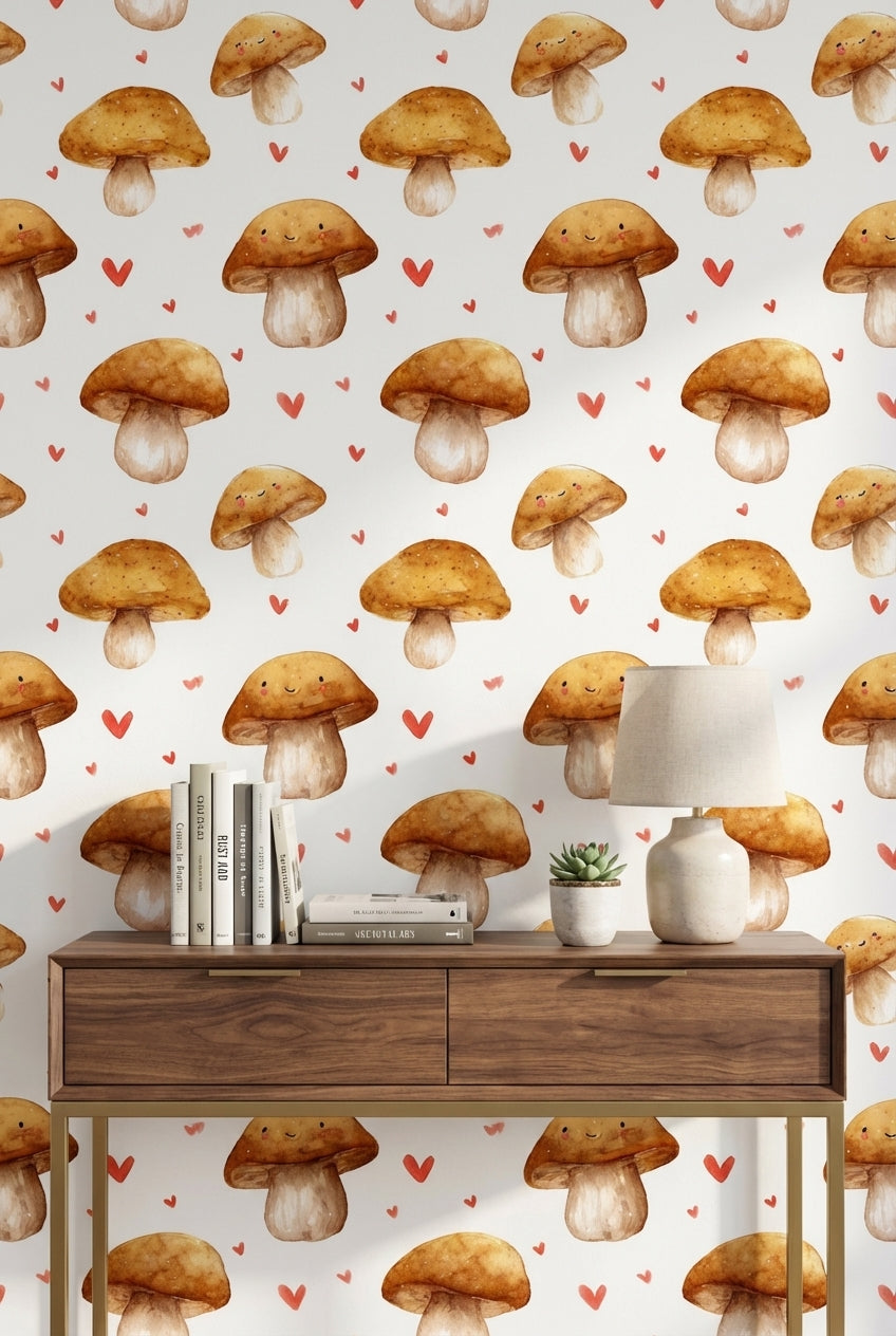 Cream and Orange Smiling Mushroom Kids Wallpaper