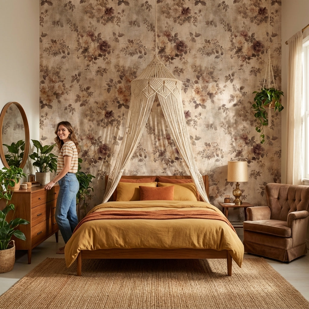 Beige Vintage Floral Rose Pattern Wallpaper