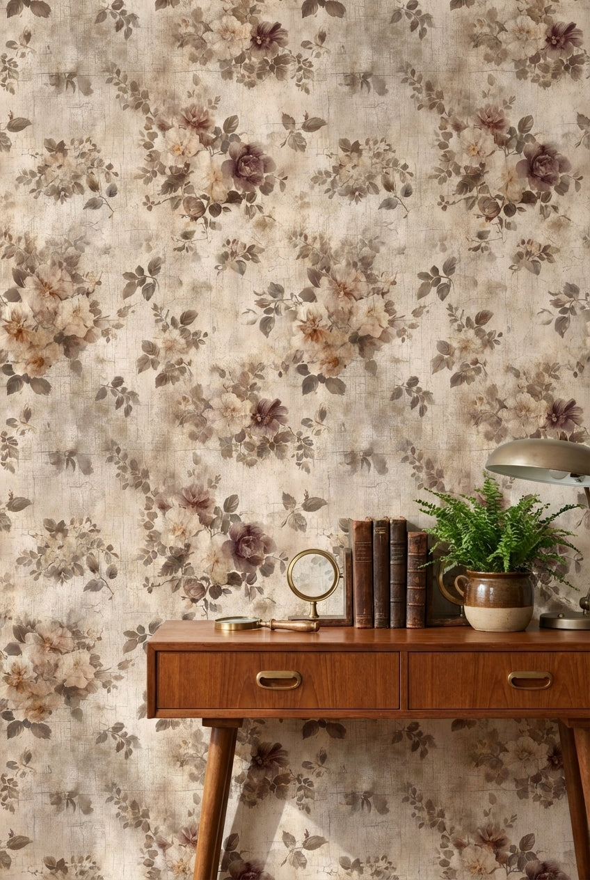Beige Vintage Floral Rose Pattern Wallpaper