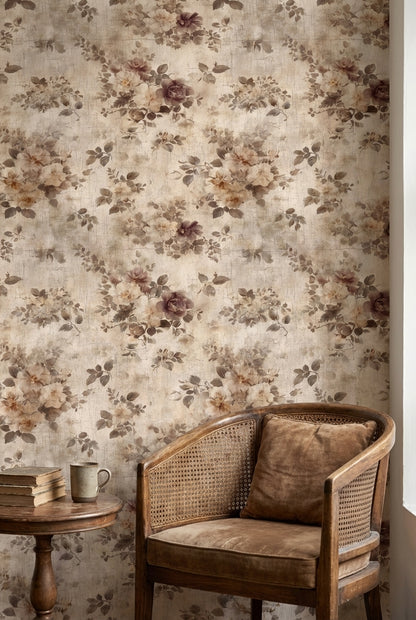 Beige Vintage Floral Rose Pattern Wallpaper