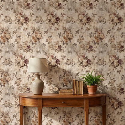 Beige Vintage Floral Rose Pattern Wallpaper