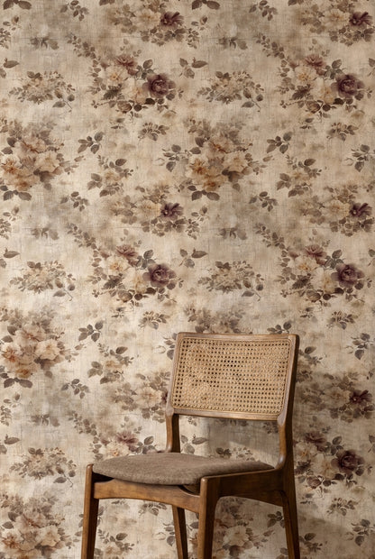 Beige Vintage Floral Rose Pattern Wallpaper