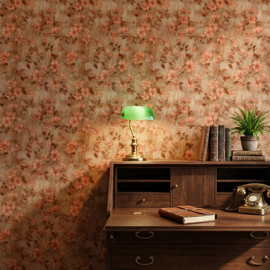 Warm Brown Cherry Blossom Vintage Floral Wallpaper
