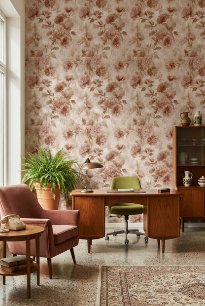 Warm Beige Vintage Rose Floral Wallpaper
