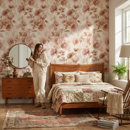Warm Beige Vintage Rose Floral Wallpaper