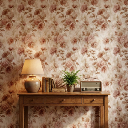 Warm Beige Vintage Rose Floral Wallpaper