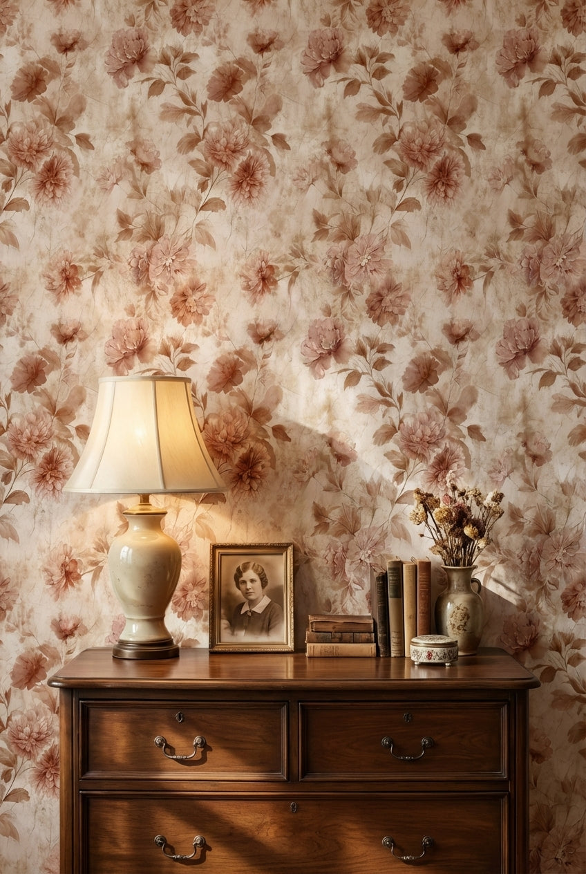 Warm Beige Vintage Rose Floral Wallpaper