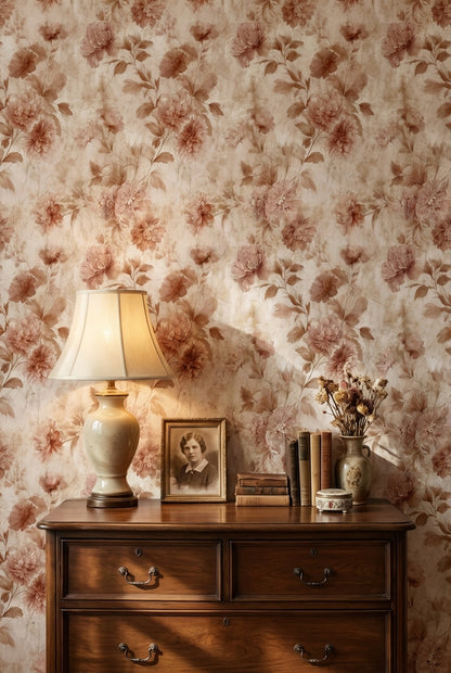 Warm Beige Vintage Rose Floral Wallpaper