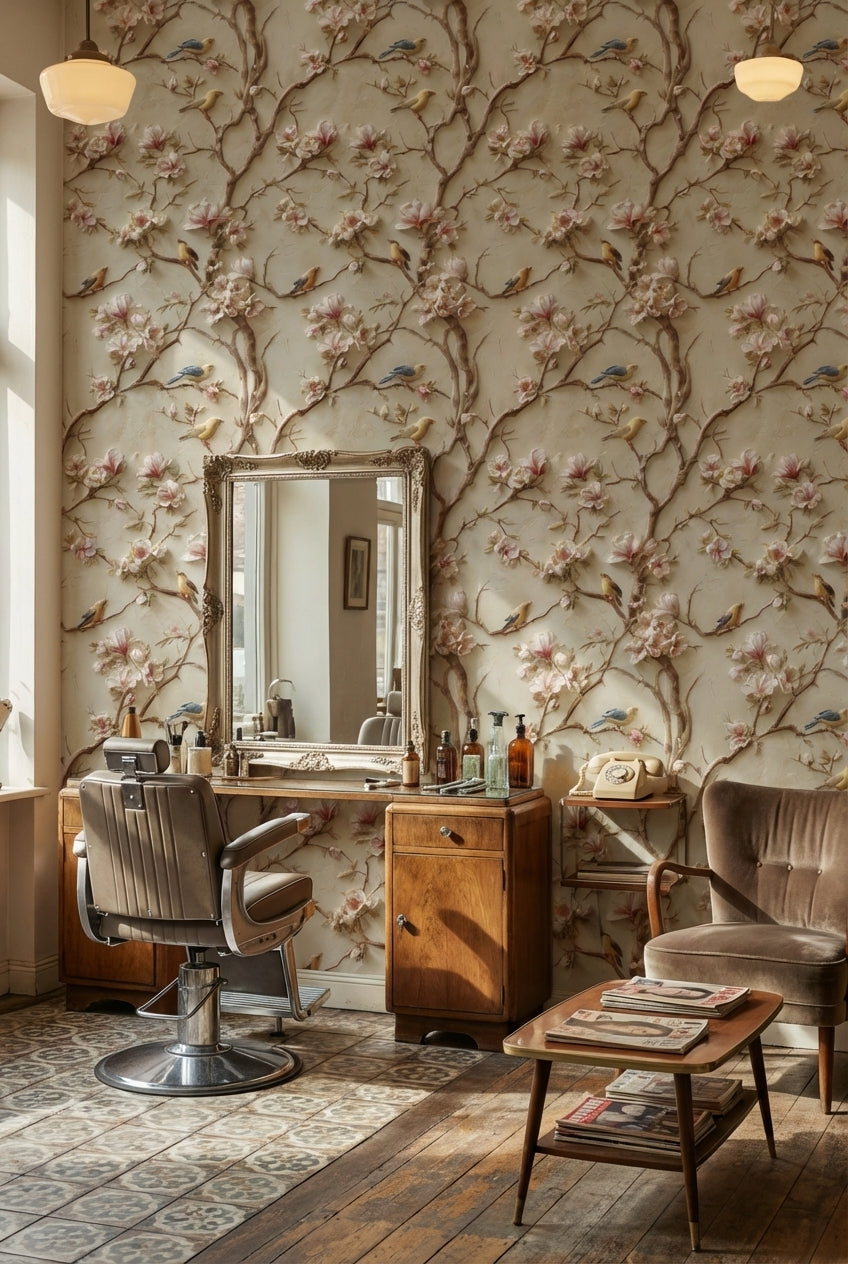 Beige Magnolia Branches and Birds Vintage Wallpaper