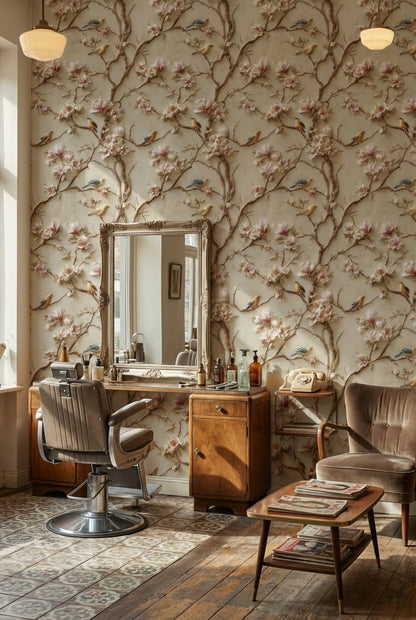 Beige Magnolia Branches and Birds Vintage Wallpaper