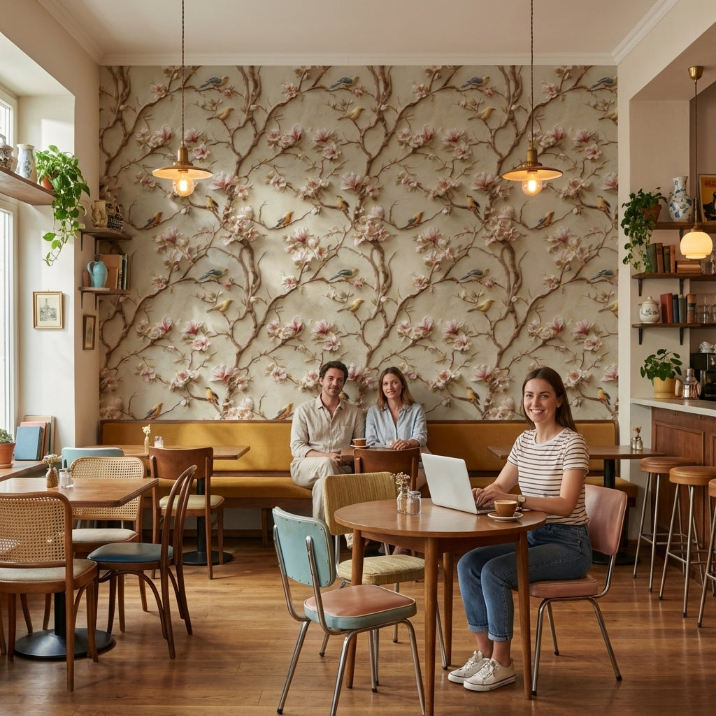 Beige Magnolia Branches and Birds Vintage Wallpaper