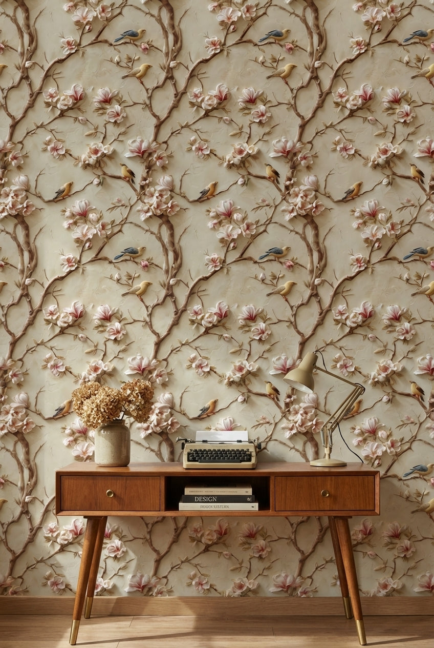 Beige Magnolia Branches and Birds Vintage Wallpaper