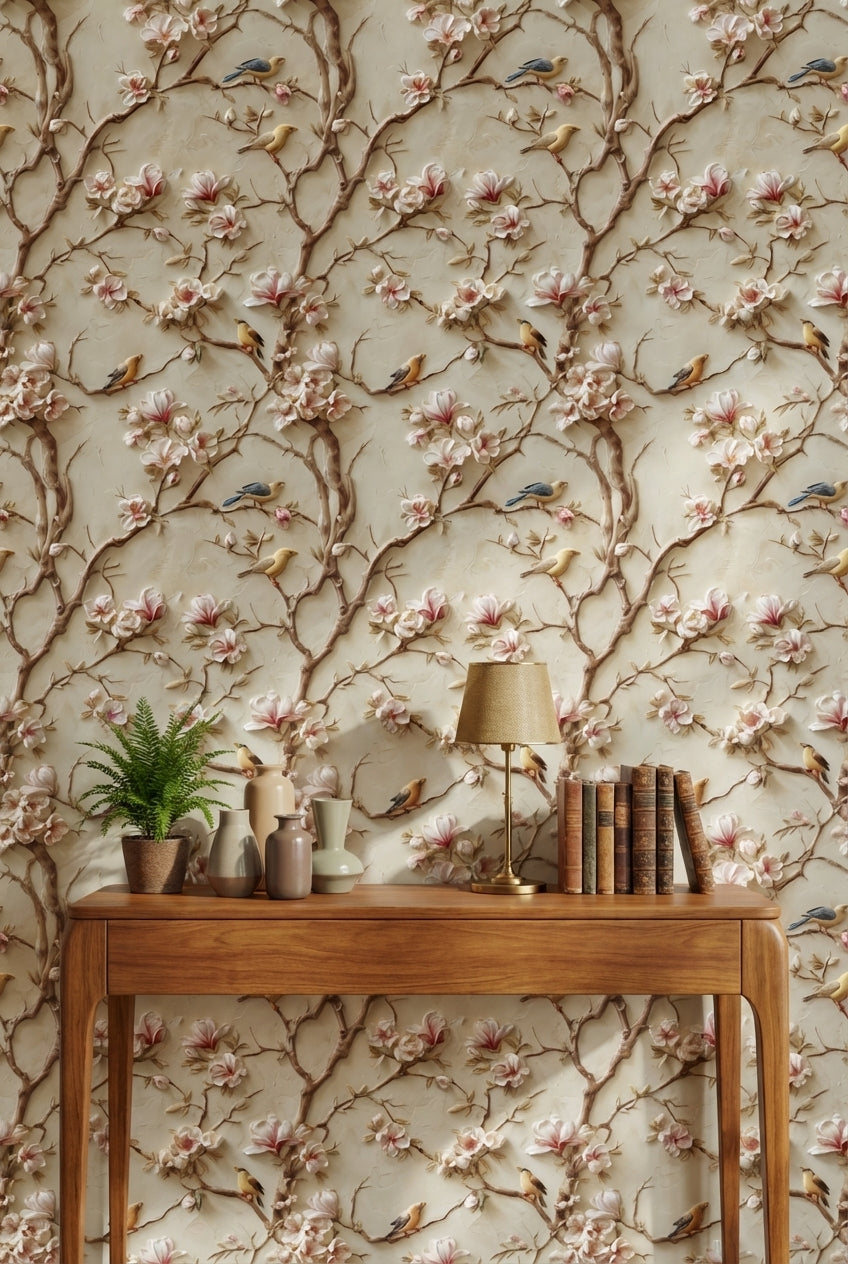 Beige Magnolia Branches and Birds Vintage Wallpaper