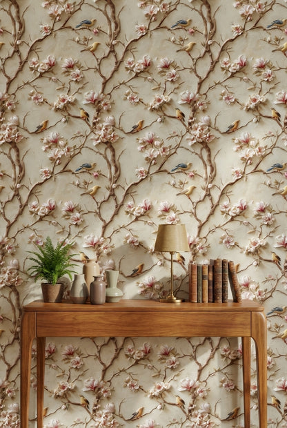 Beige Magnolia Branches and Birds Vintage Wallpaper