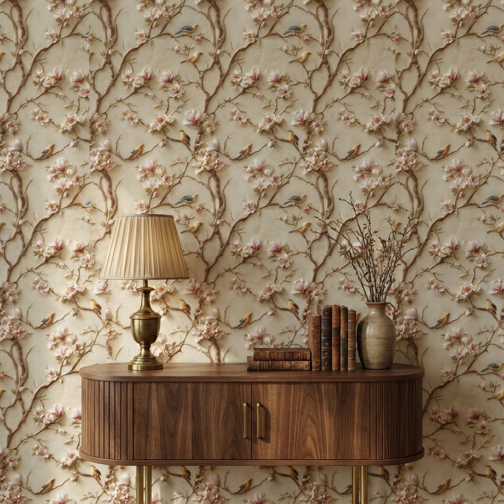 Beige Magnolia Branches and Birds Vintage Wallpaper