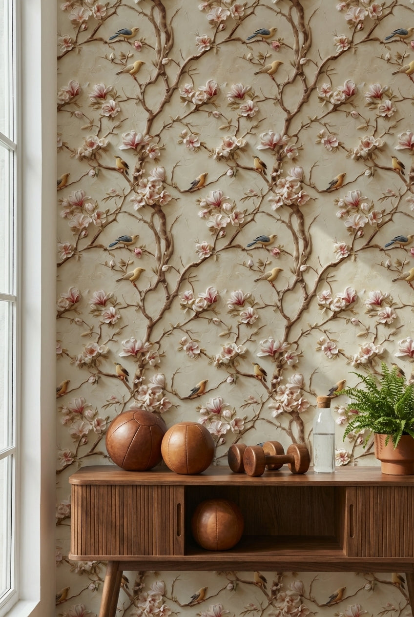 Beige Magnolia Branches and Birds Vintage Wallpaper