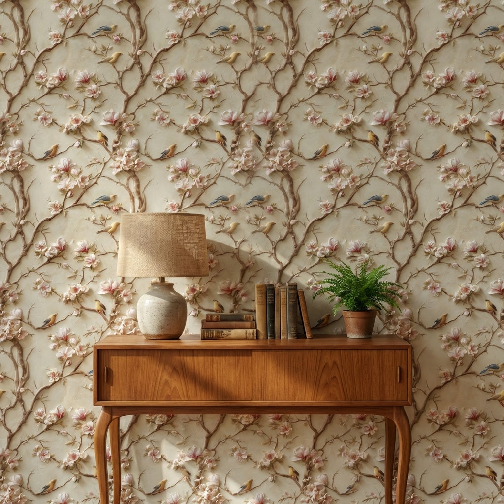 Beige Magnolia Branches and Birds Vintage Wallpaper