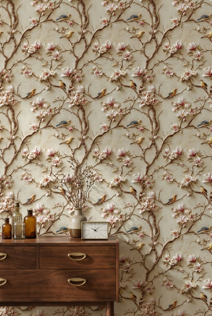 Beige Magnolia Branches and Birds Vintage Wallpaper