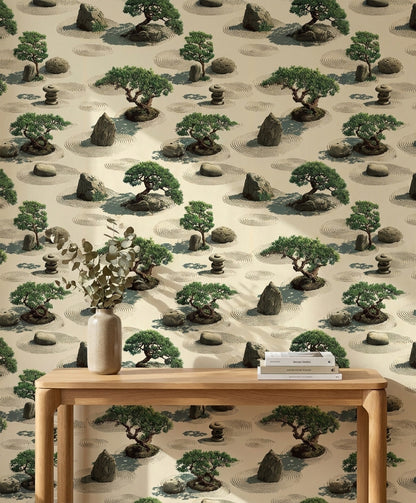 Tranquil Beige and Green Zen Garden Wallpaper