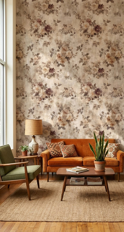 Beige Vintage Floral Rose Pattern Wallpaper
