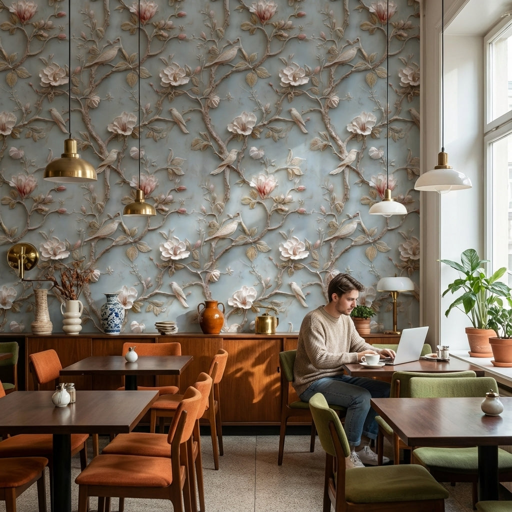 Powder Blue Magnolia and Bird Floral Wallpaper