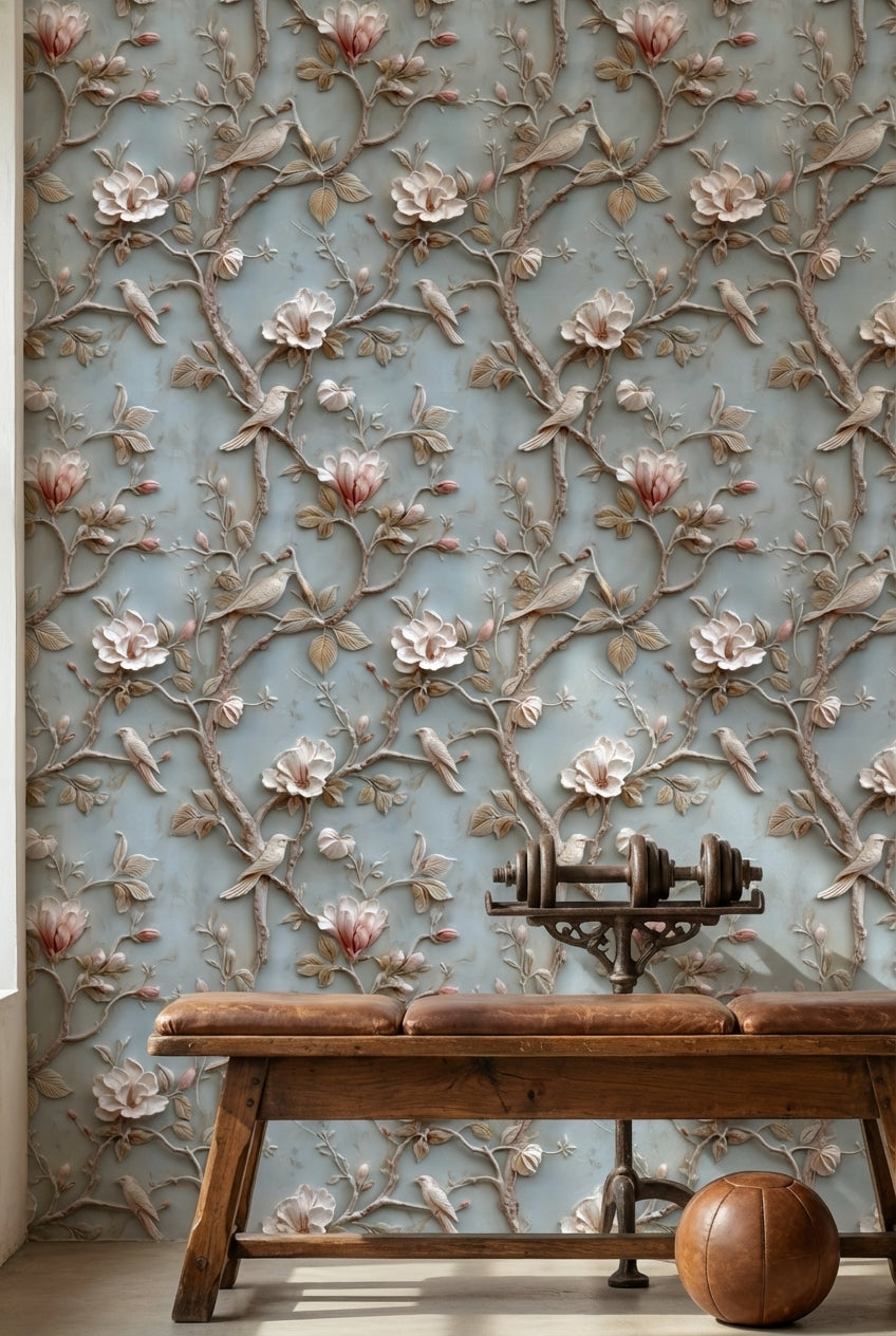 Powder Blue Magnolia and Bird Floral Wallpaper
