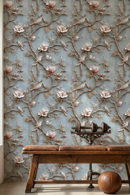 Powder Blue Magnolia and Bird Floral Wallpaper