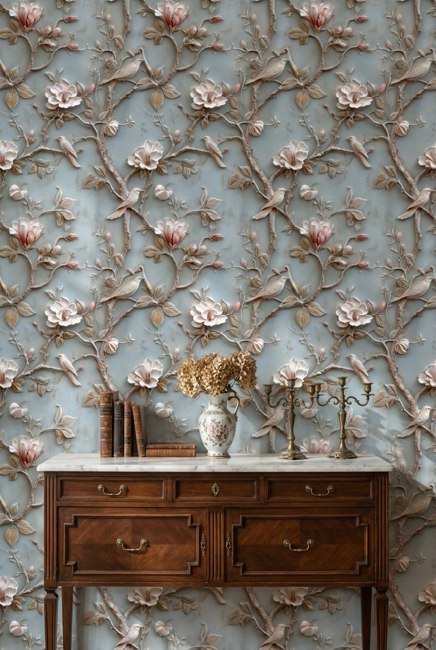 Powder Blue Magnolia and Bird Floral Wallpaper