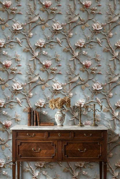 Powder Blue Magnolia and Bird Floral Wallpaper