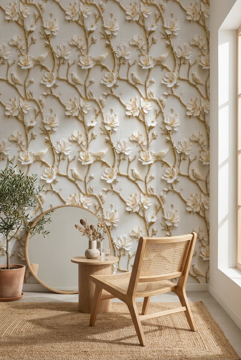 Beige and Gold Look 3D Floral and Bird Wallpaper